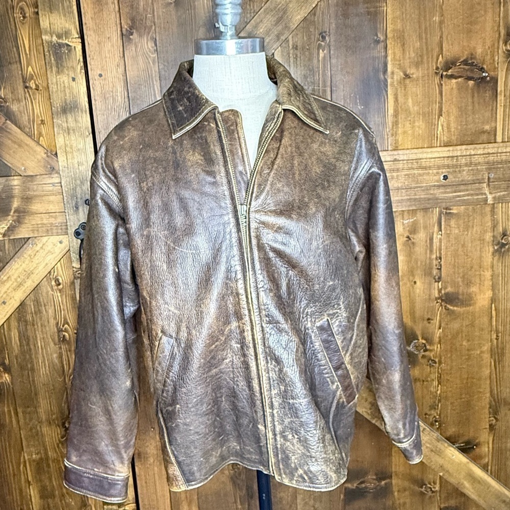 VINTAGE Eddie Bauer Leather Jacket Cognac Brown Distressed Full Zip Pockets Sz L